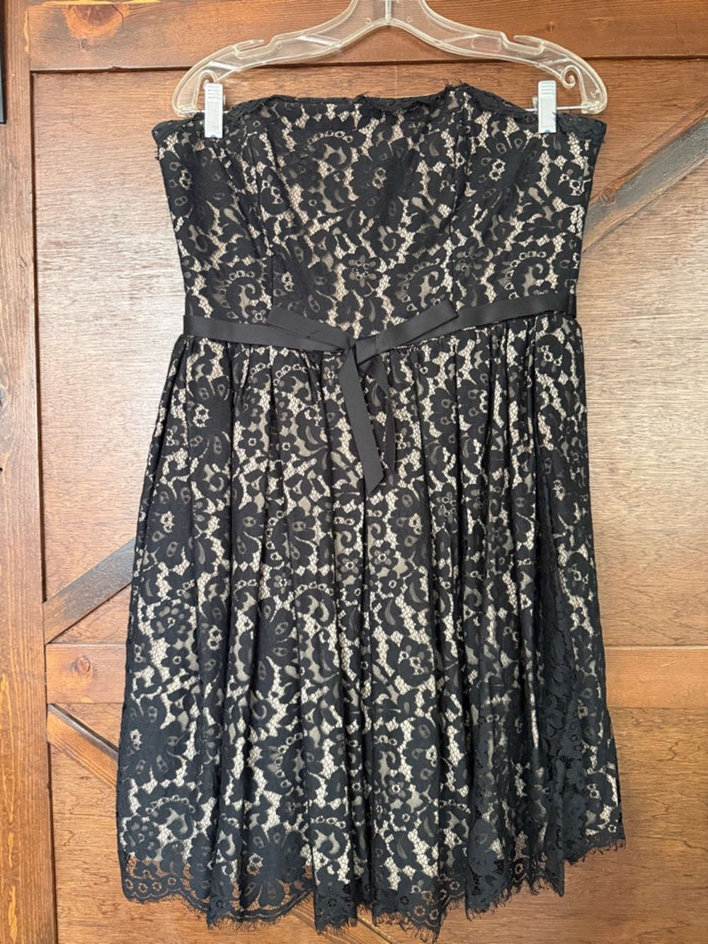 Lace Robert Rodriguez Beige Satin Lined Dress with Tulle and Black Ribbon
